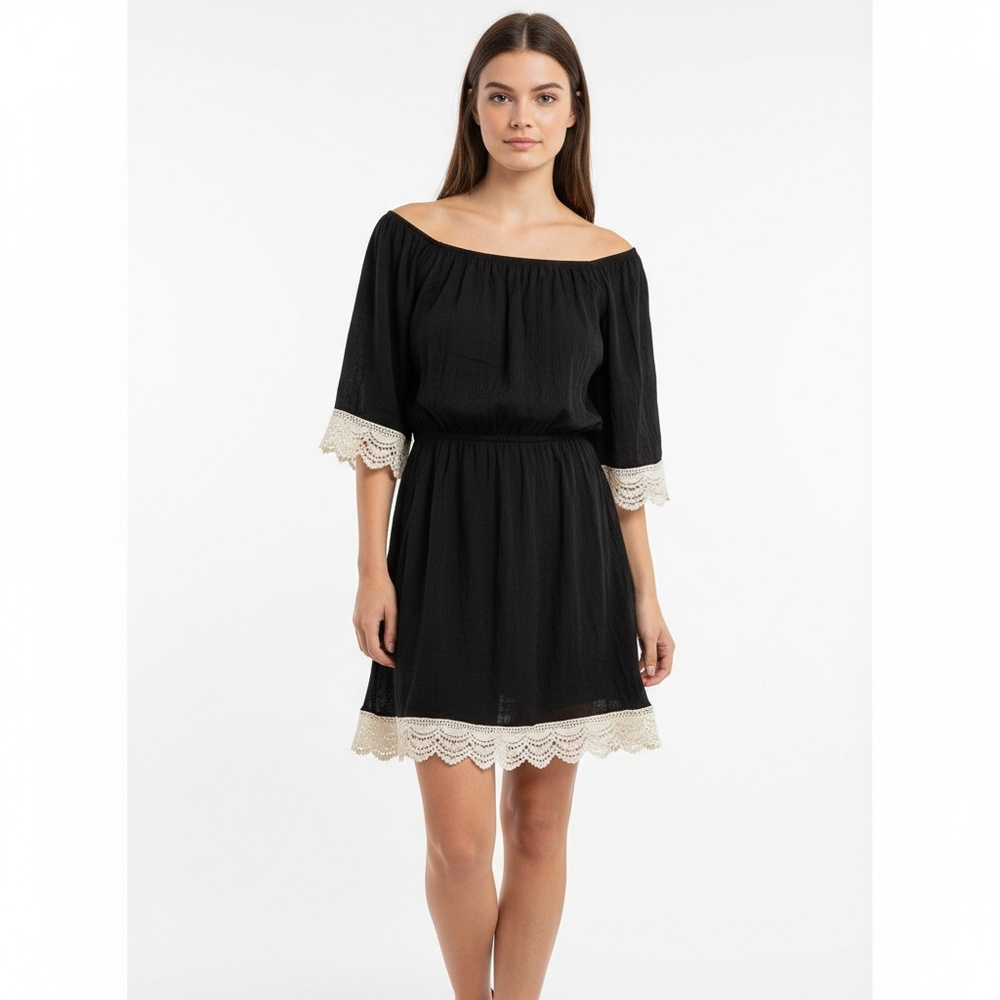 Orange Creek Mini Dress Womens Small Black White Lace Trim Off Shoulder Boho‎